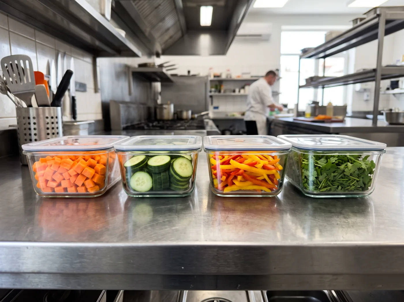 Küchenfertig geschnittenes Gemüse in Gastro-Behältern